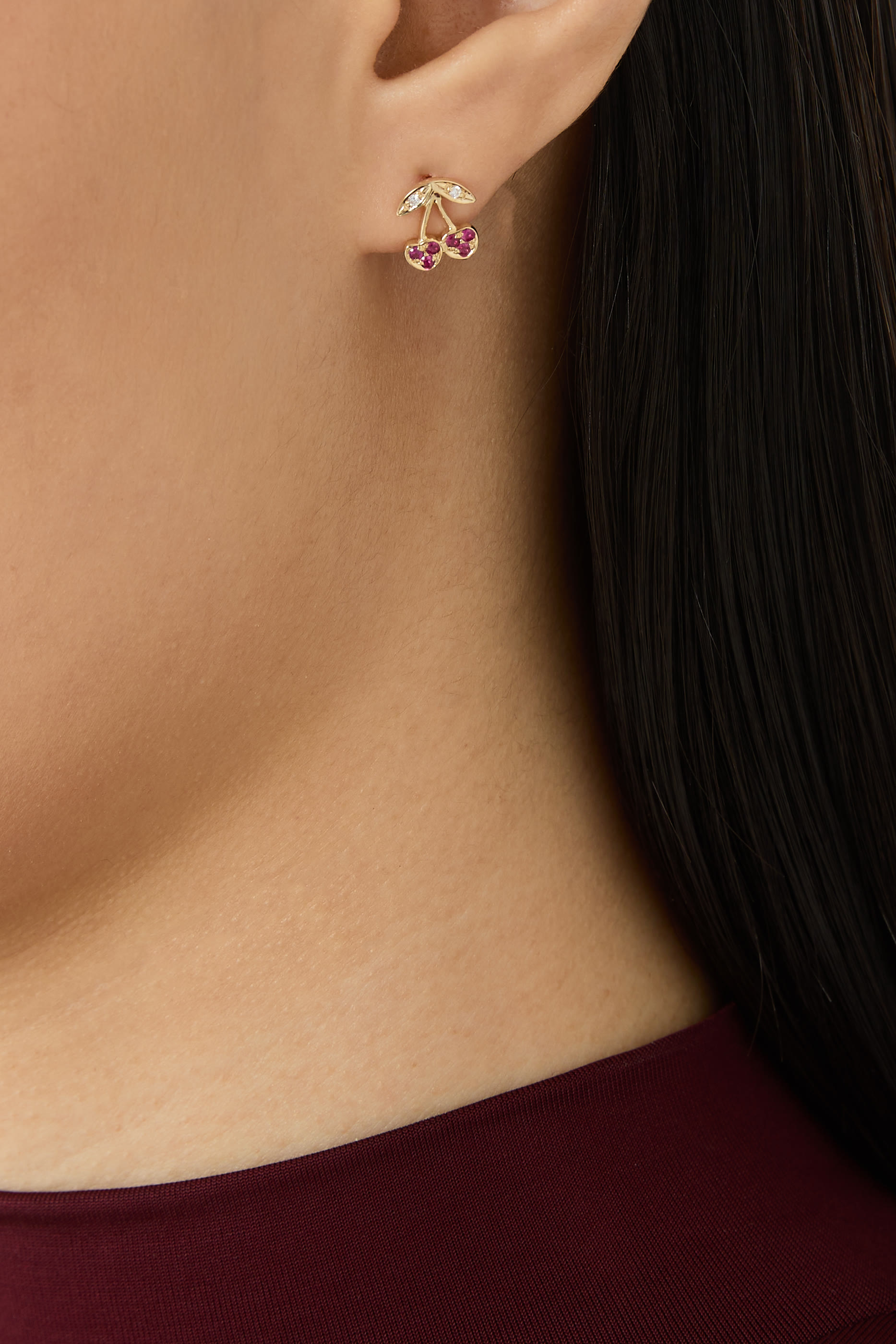 Pavé Cherry Single Stud Earring, 14K Yellow Gold, Ruby & Diamond