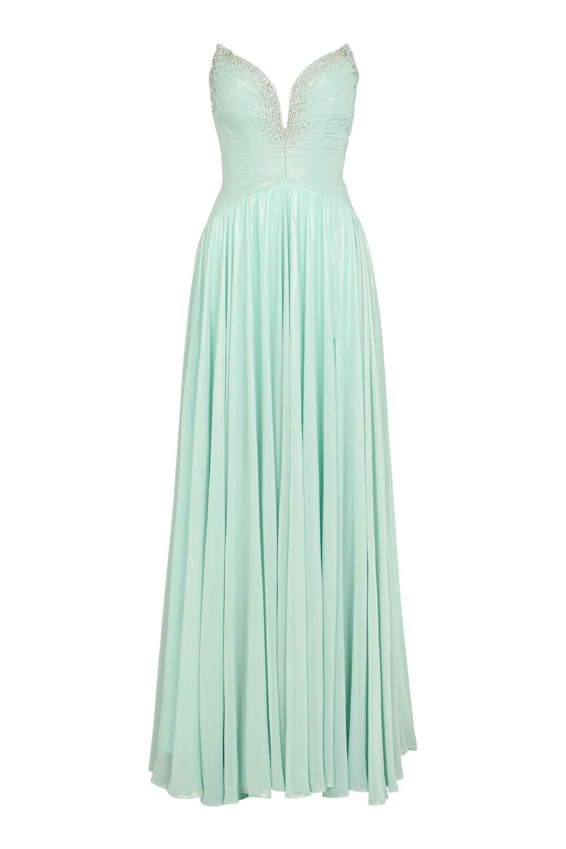  Strapless Shimmer Gown with Deep V Neckline