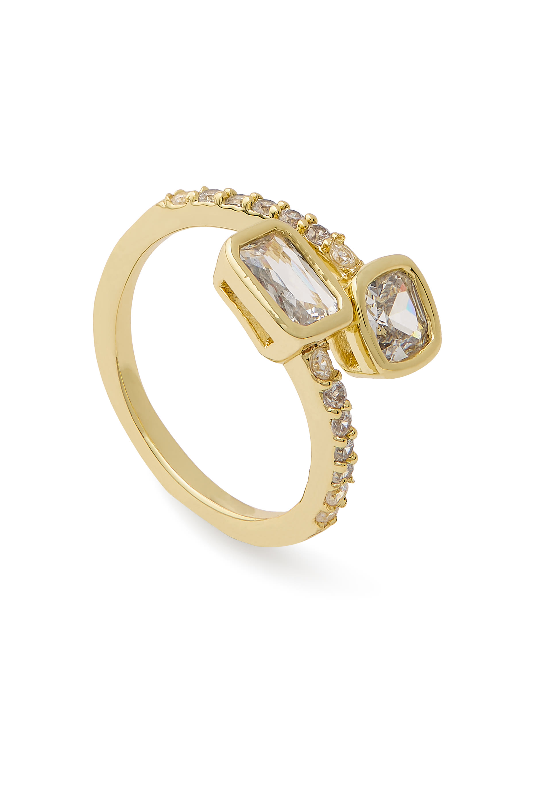  Bypassing Emerald Bezel Pavé Open Ring, Gold-Plated Brass & Cubic Zirconia