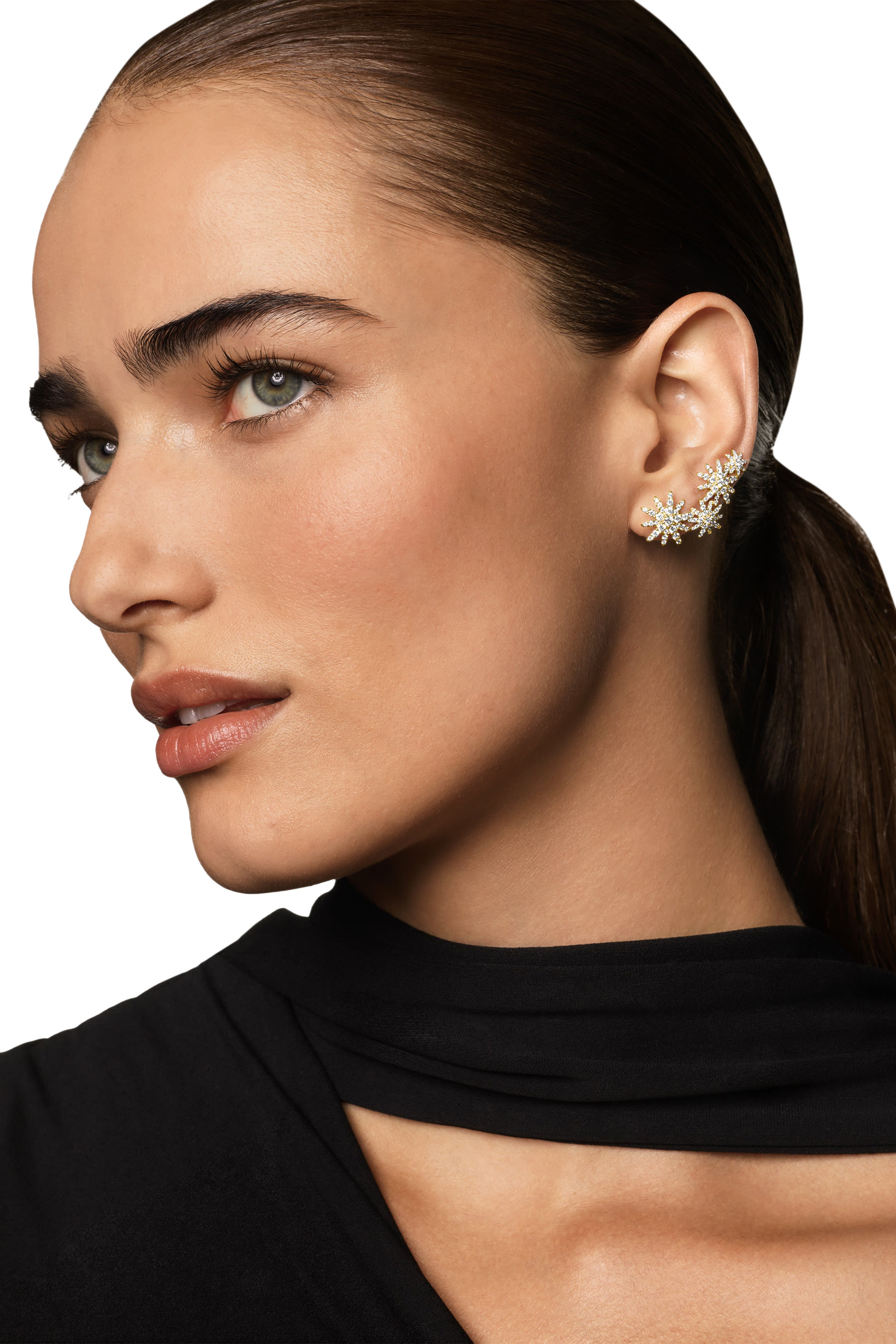 Starburst Full Pavé Climber Earrings, 18k Yellow Gold & Diamonds